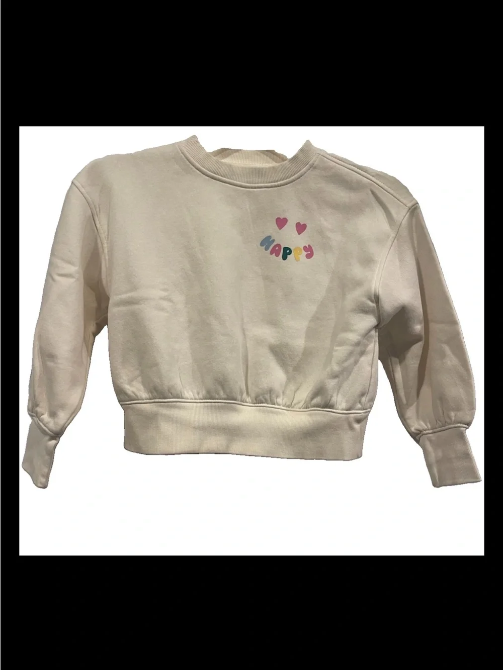 Old Navy Cream Sweatshirt with Colorful 'HAPPY' and Pink Hearts Size Small 6-7